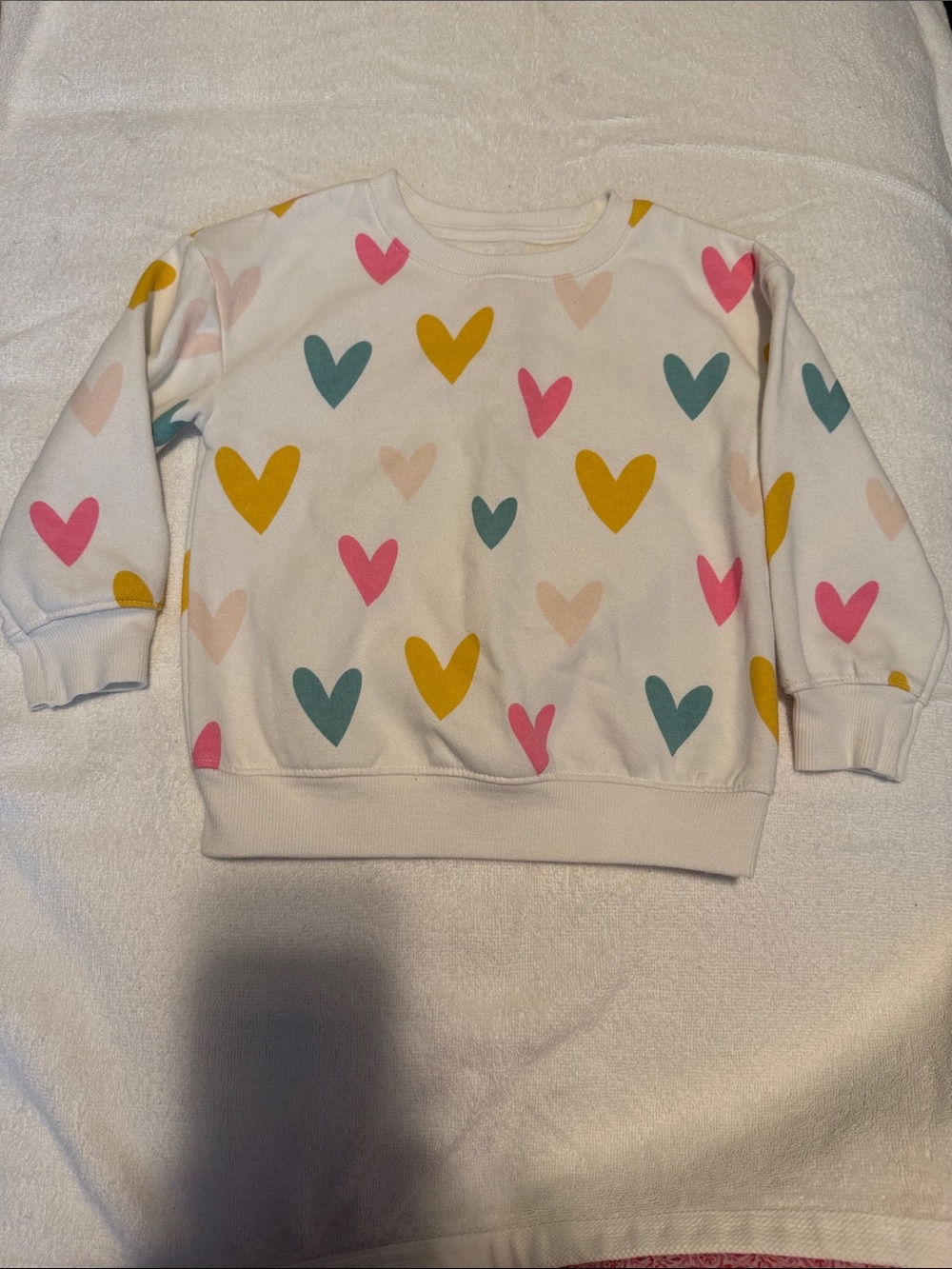 Cat & Jack White Pullover Sweatshirt with Pink, Teal & Mustard Hearts